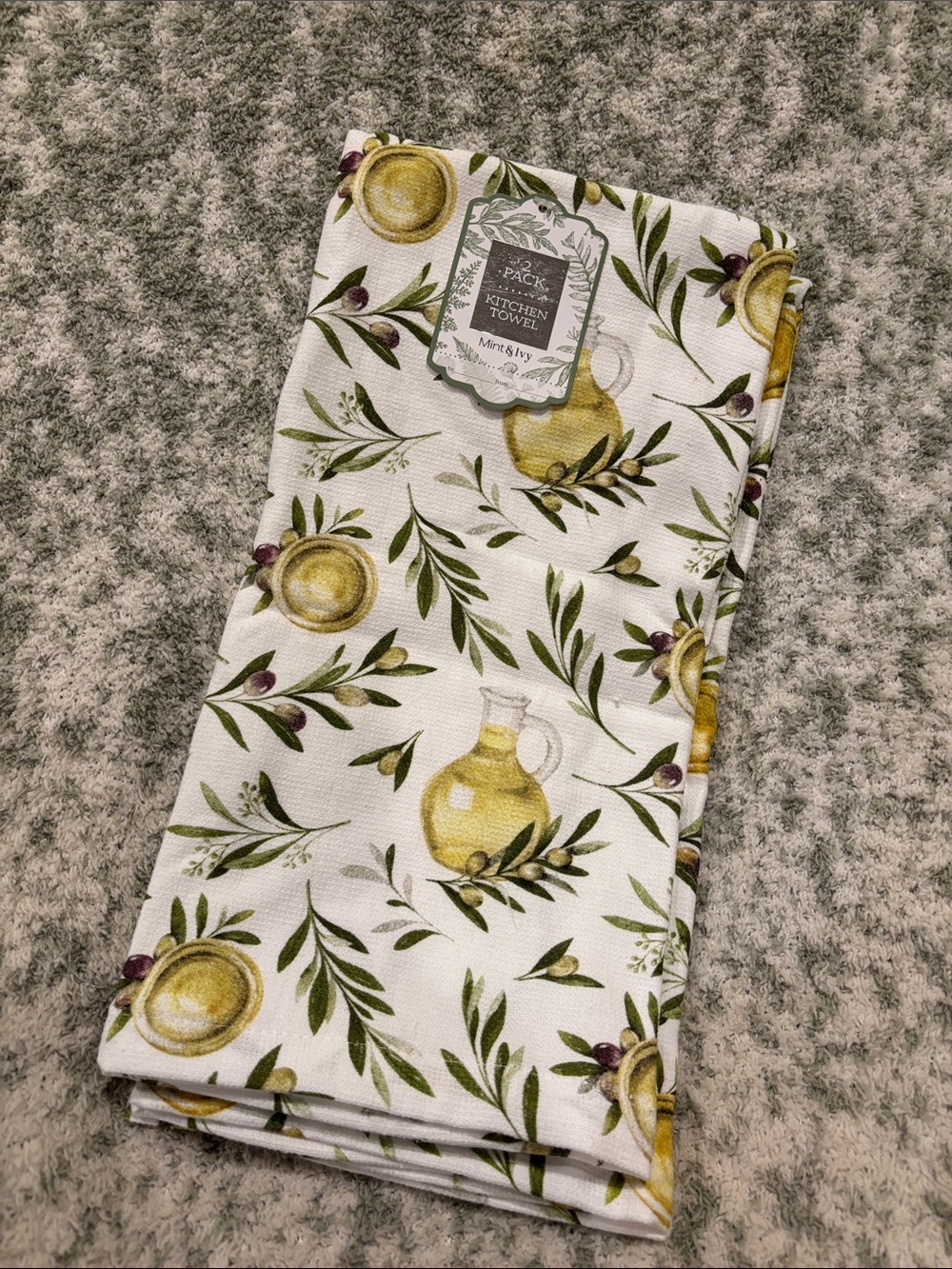 Mint & Ivy Tuscan Olives Olive Oil Botanical Kitchen Towels Set of 2 NWT Cotton
